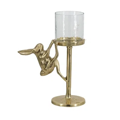 Breebe 7.9 X 4 X 11" Gold Rabbit Pillar Candle Holder With Clear Glass Hurricane Shade