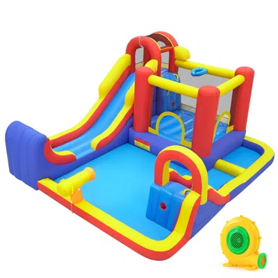 Breebe 7-in-1 Outdoor Bounce House With Dual Slides And 680w Blower In Blue
