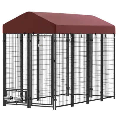 Breebe 8 X 4 Ft Outdoor Dog Playpen With Roof Cover And Feeding Bowls In Red
