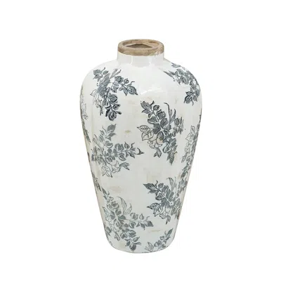 Breebe 8.1 X 8.1 X 13.6" White Ceramic Accent Vase With Grey Floral Design In Multi
