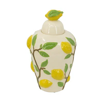 Breebe 8.7 X 8.7 X 15" White Ceramic Lidded Jar With Playful Lemon Design In Yellow