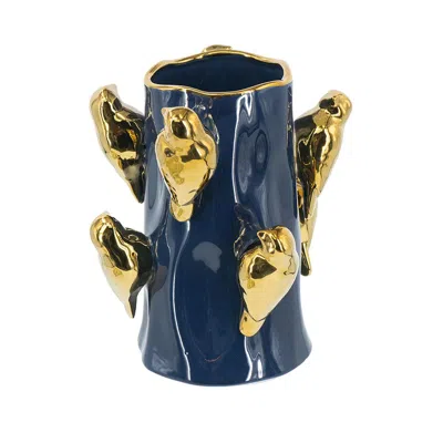 Breebe 8.7 X 8.7 X 9.5" Blue Ceramic Tree Branch Vase With Gold Bird Accents