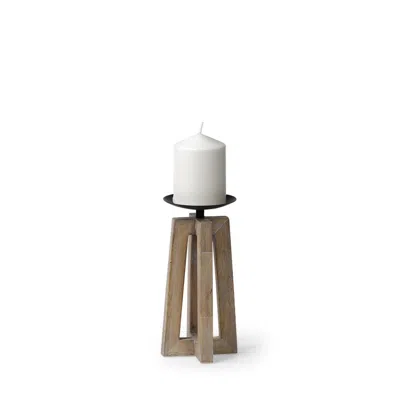Breebe 9" Light Brown Distressed Geometric Solid Wood And Metal Tabletop Pillar Candle Holder In Neutral