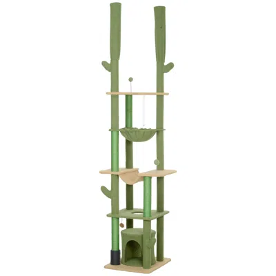 Breebe Adjustable Floor To Ceiling Cat Climbing Tower 89-100" With Condo And Hammock In Green