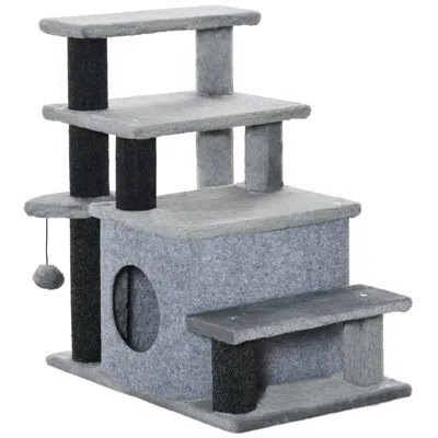 Breebe Adjustable Height Cat Stairs With Scratching Post And Cat Condo In Neutral