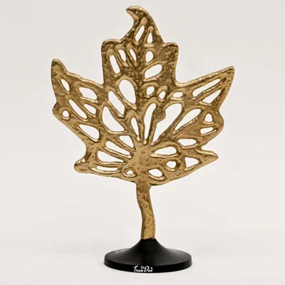 Breebe Aluminium Golden Maple Leaf Table Sculpture Black Base 11.5 X 5.5 X 16" Decor