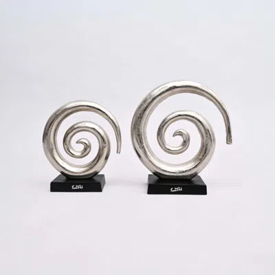 Breebe Aluminium Swirl Abstract Sculptures With Black Base Modern Decor, Set Of 2 In Gray