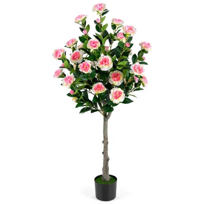 Breebe Artificial Camellia Tree With 27 Blossoms In Cement Pot For Home