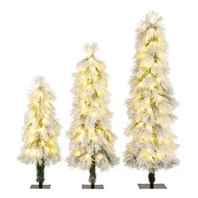 Breebe Artificial Christmas Tree Set Of 3 With Snow-flocked Branch Tips And Led Lights In White