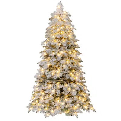 Breebe Artificial Snow-flocked Christmas Tree Pre-lit Hinged Xmas Tree With 130 Twinkle Balls In Green