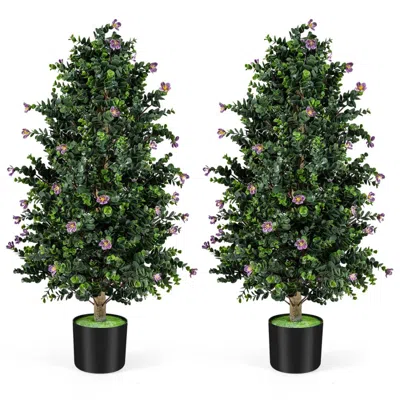 Breebe Artificial Topiary Cone Tree Faux Potted Shrub Plant With 49 Flowers - Set Of 2 In Green