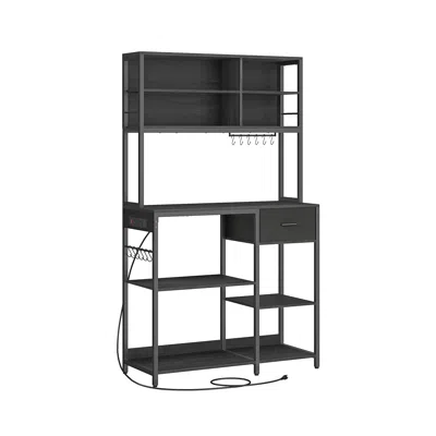 Breebe Baker's Rack With Charging Station, Shelves And 12 Hooks In Black