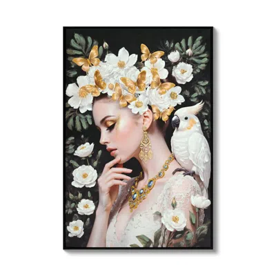 Breebe Beauty Lady Wall Art, Gold White Floral Canvas Print 24x36 Inch Bedroom In Black