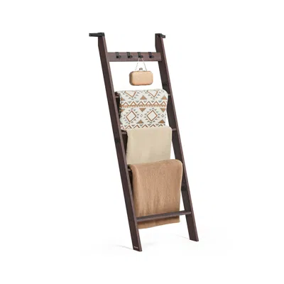 Breebe Blanket Ladder 5-tier Ladder Shelf 4 Removable Hooks Maroon Brown