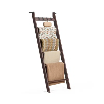Breebe Blanket Ladder 6-tier Ladder Shelf 4 Removable Hooks Maroon Brown