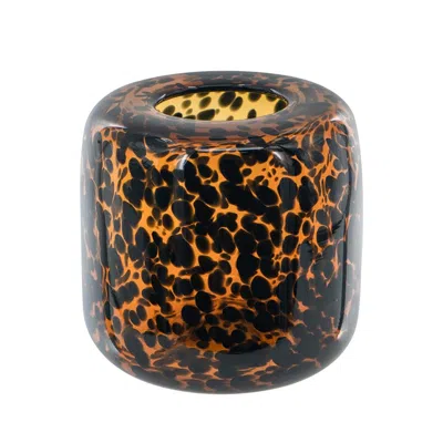 Breebe Brown And Amber Glass Vase With Cheetah Motif, Short, 7.9 X 7.9" In Black