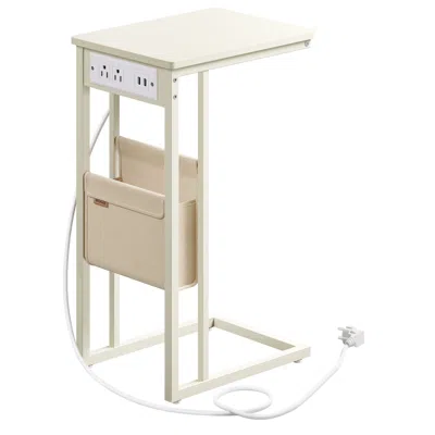 Breebe C-shaped Side Table, End Table With Charging Station, 2 Usb Ports And Outlets, C Table For Couch, So In Neutral