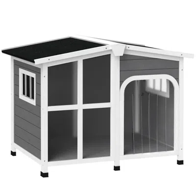 Breebe Cabin-style Wooden Dog House For Large Dogs With Openable Roof & Giant Window In Grey