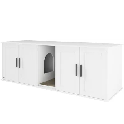 Breebe Cat Litter Box Enclosure With Double Room For 2 Cats And Scratching Mat In White