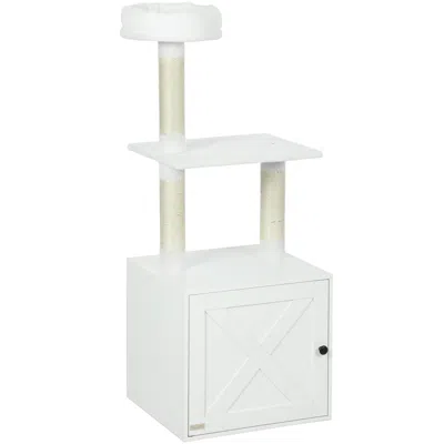 Breebe Cat Tree With Litter Box Enclosure, Scratching Posts And Bed In White