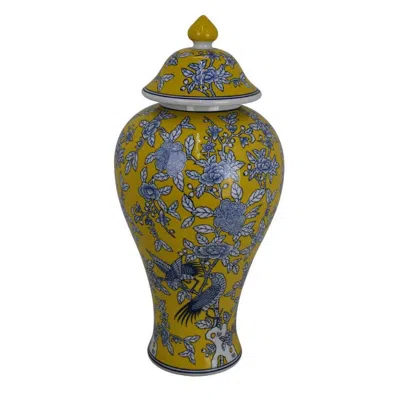 Breebe Chris Decorative Jar, Yellow Bird And Floral, Blue Ceramic 20 Inch In Multi