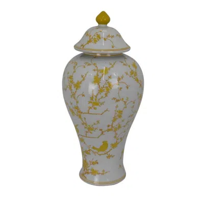 Breebe Chris Lidded Accent Jar Yellow Bird And Floral, White Ceramic 20 Inch In Gray
