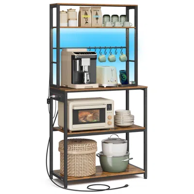 Breebe Coffee Bar With Led Lights Power Outlet Rustic Brown And Matte Black