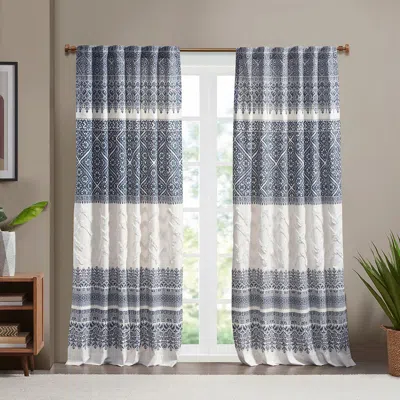 Breebe Cotton Printed Curtain Panel With Chenille Detail And Lining(only 1 Pc Panel) In Blue