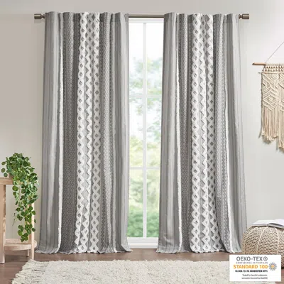 Breebe Cotton Printed Curtain Panel With Chenille Stripe And Lining Gray 50x95'