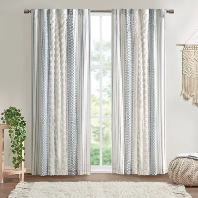 Breebe Cotton Printed Curtain Panel With Chenille Stripe And Lining White/navy 50x84' In Neutral