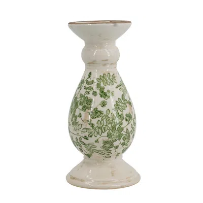 Breebe D 4.7 X 10" White Ceramic Candle Holder With Green Floral Patterns, Small In Multi