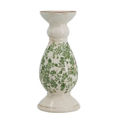 Breebe D 5.3 X 12.4" White Ceramic Candle Holder With Green Floral Patterns, Large In Multi