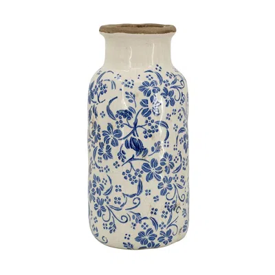 Breebe D 5.7 X 12.5" Blue And White Ceramic Accent Vase With Traditional Floral Motifs