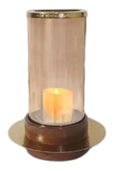 Breebe D 7 X 11" Small Amber Glass Hurricane Candle Holder W/ Acacia Wood Base In Multi