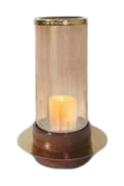 Breebe D 8 X 13.5" Large Amber Glass Hurricane Candle Holder W/ Acacia Wood Base In Brown