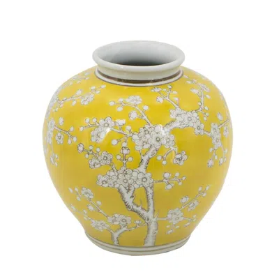Breebe D 8.7 X 9.1" Yellow And White Wide Curved Plum Blossom Vase In Multi