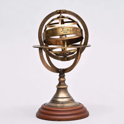 Breebe Decorative 4" Brass Armillary Sphere With Wood Base For Desk Or Shelf Display