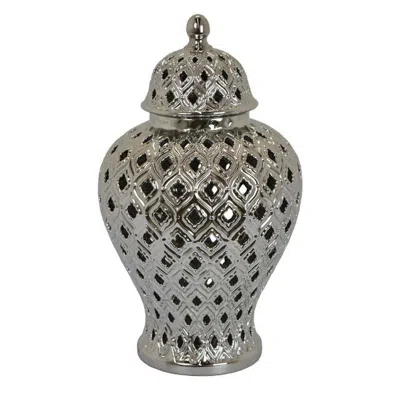Breebe Deni 18 Inch Temple Jar, Pierced Carved Lattice Design In Gray