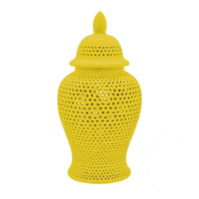 Breebe Deni 25 Inch Ginger Jar Carved Cutout Lattice, Removable Lid In Yellow