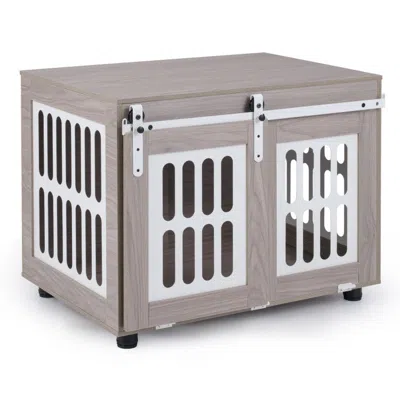 Breebe Dog Crate Furniture With Sliding Barn Door For Small Medium Dogs In Gray