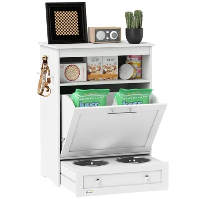 Breebe Dog Food Storage Cabinet With Elevated Feeding Bowls And Supplies Storage In White