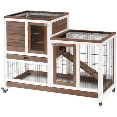 Breebe Elevated Wooden Rabbit Hutch With Wheels, Run, Ramp & Removable Tray In Brown