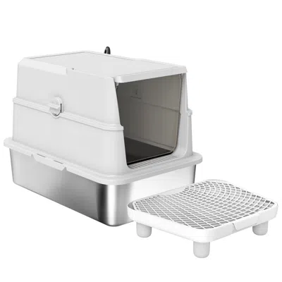 Breebe Extra Large Stainless Steel Cat Litter Box With Flip Cover And Scoop In Silver