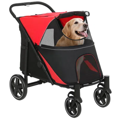 Breebe Foldable Dog Stroller With Storage Basket & Mesh Windows In Red