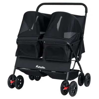 Breebe Foldable Double Pet Stroller With Adjustable Sunshade And Storage Basket In Black