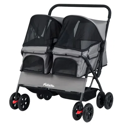 Breebe Foldable Double Pet Stroller With Adjustable Sunshade And Storage Basket In Gray