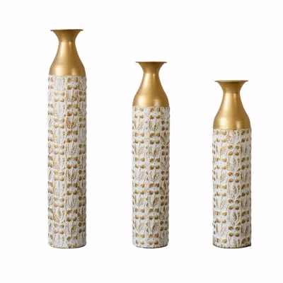 Breebe Gilded White 3d Relief Flower Metal Vase Set 24in 29in & 32.68in In Multi