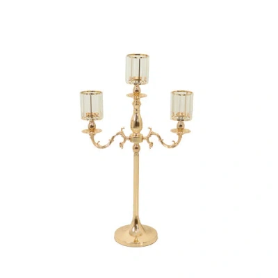 Breebe Gold Metal 3-arm Candelabra With Crystal Pendant Glass Shades - 34" Tall Candle Holder For Pillar, L
