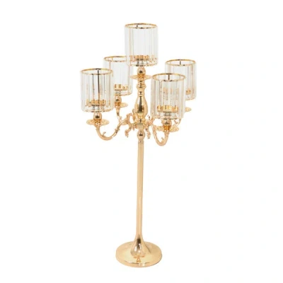 Breebe Gold Metal 5-arm Candelabra With Crystal Pendant Glass Shades - 40" Tall Candle Holder For Pillar, L