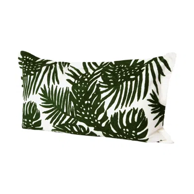 Breebe Green And White Tropical Botanical Linen Throw Pillow Cover With Embroidery
